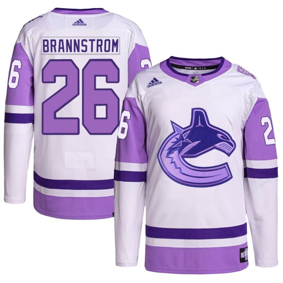 Adidas Erik Brannstrom Vancouver Canucks Youth Authentic Hockey Fights Cancer Primegreen Jersey - White/Purple