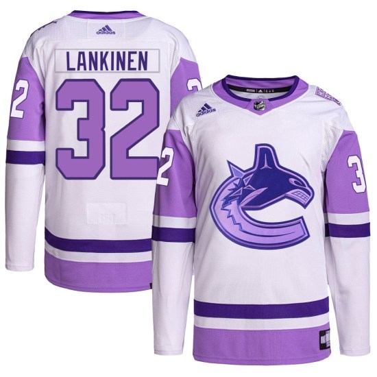 Adidas Kevin Lankinen Vancouver Canucks Youth Authentic Hockey Fights Cancer Primegreen Jersey - White/Purple