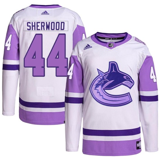 Adidas Kiefer Sherwood Vancouver Canucks Youth Authentic Hockey Fights Cancer Primegreen Jersey - White/Purple