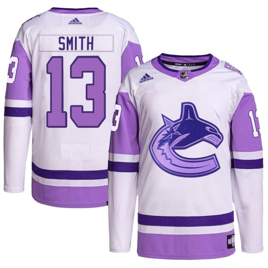 Adidas Nathan Smith Vancouver Canucks Youth Authentic Hockey Fights Cancer Primegreen Jersey - White/Purple