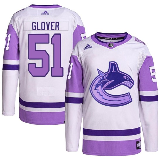 Adidas Ty Glover Vancouver Canucks Authentic Hockey Fights Cancer Primegreen Jersey - White/Purple